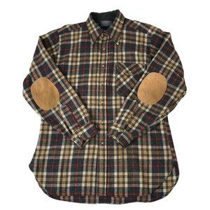 Vintage Pendleton 100% Virgin Wool Plaid Button Down Shirt Large Elbow Patch